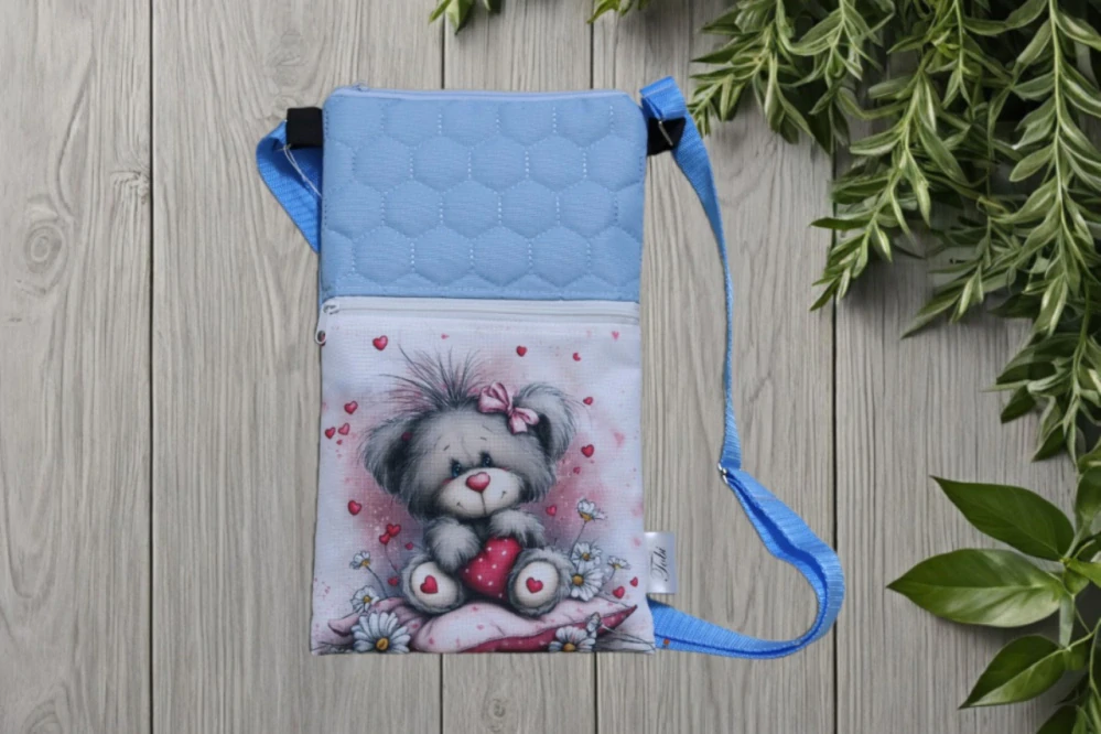 Taštička mini medvídek, bílý polštářek, modrá